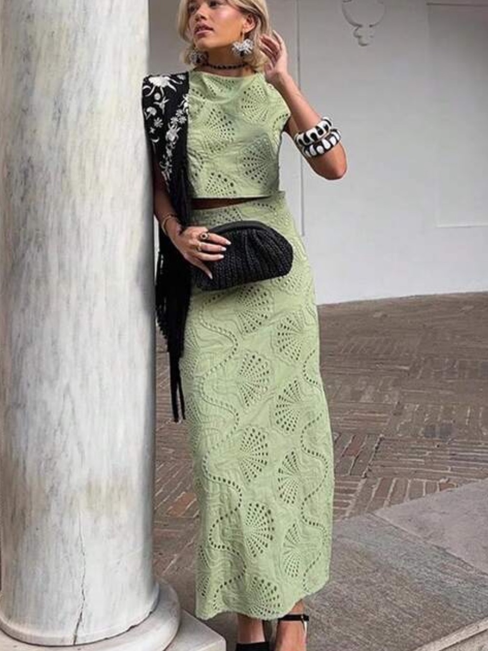 Crochet Maxi Skirt and eyelet tank matching in Sage Green, Sz L 🌴